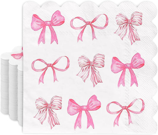 100Pcs Pink Bow Paper Scalloped Napkins Trendy Preppy Coquette Luncheon Napkins Watercolor Dinner Hand Napkin for Girls Home Party Supplies Table Decor
