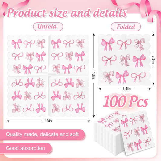 100Pcs Pink Bow Paper Scalloped Napkins Trendy Preppy Coquette Luncheon Napkins Watercolor Dinner Hand Napkin for Girls Home Party Supplies Table Decor