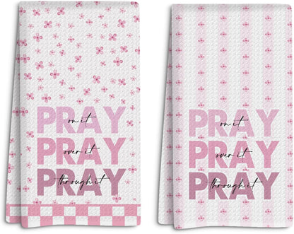 2Pcs Pink Christian Bible Verse Kitchen Towels Waffle Soft Dish Hand Towel