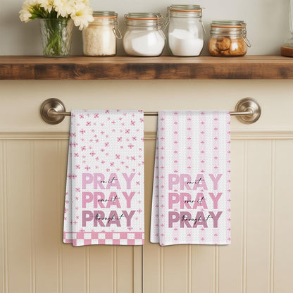 2Pcs Pink Christian Bible Verse Kitchen Towels Waffle Soft Dish Hand Towel