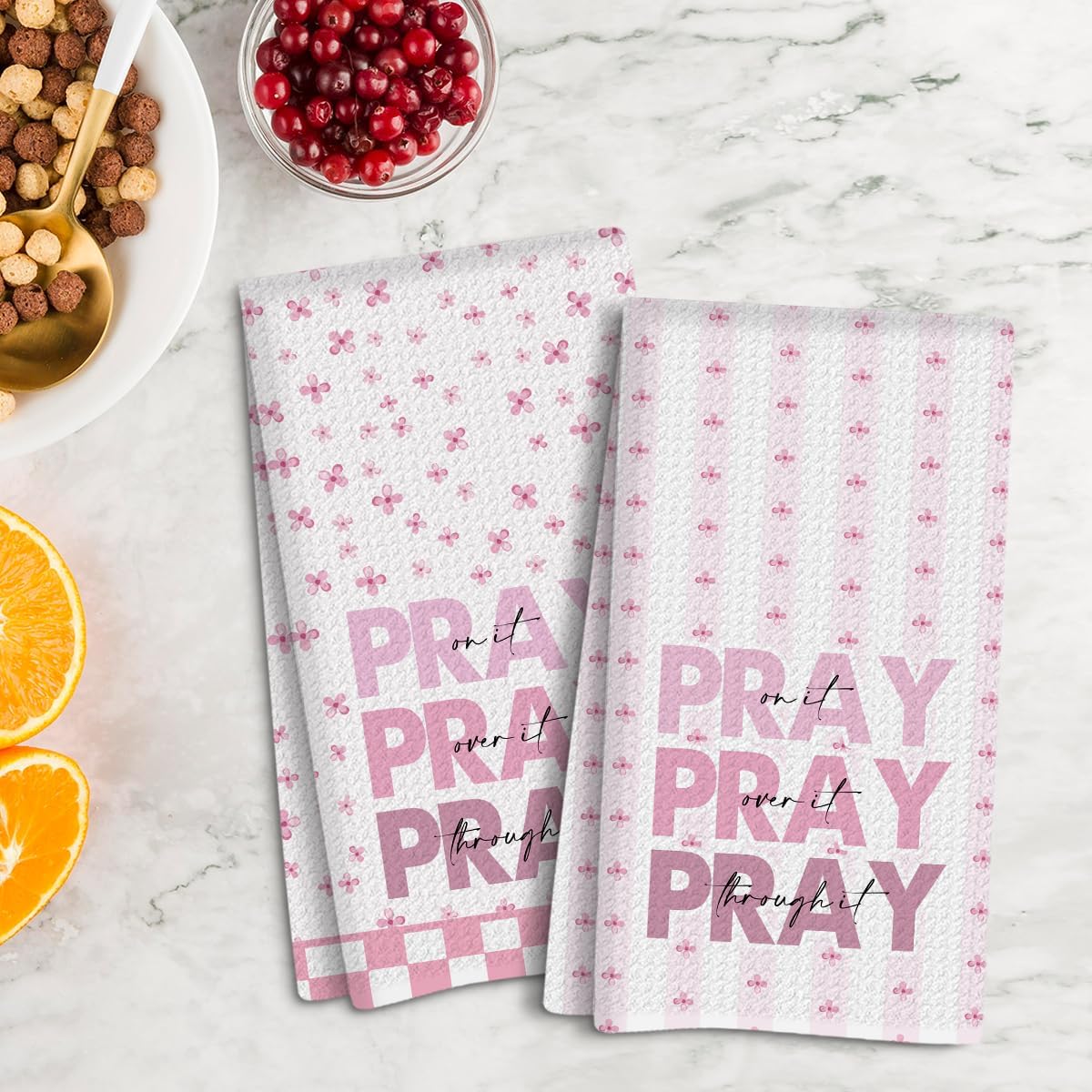 2Pcs Pink Christian Bible Verse Kitchen Towels Waffle Soft Dish Hand Towel