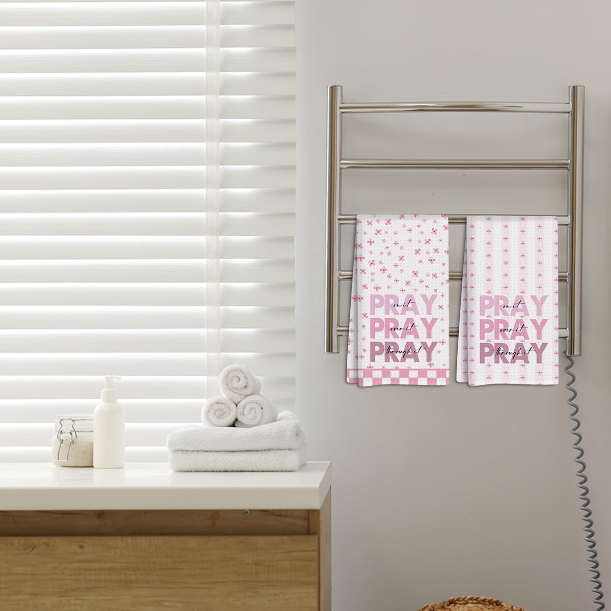 2Pcs Pink Christian Bible Verse Kitchen Towels Waffle Soft Dish Hand Towel