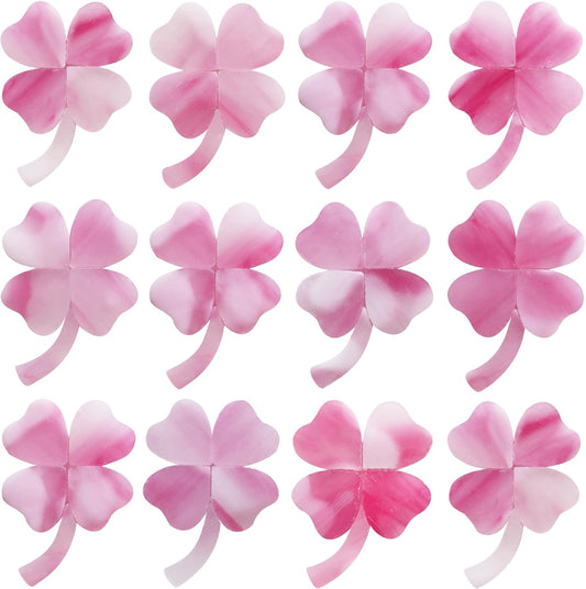 12 Four-Leaf Clover Sets – Transparent Pink Hand-Cut Stained Glass Mosaic Tiles – Heart-Shaped Pieces for Petals & Leaves in DIY Crafts & Art Projects