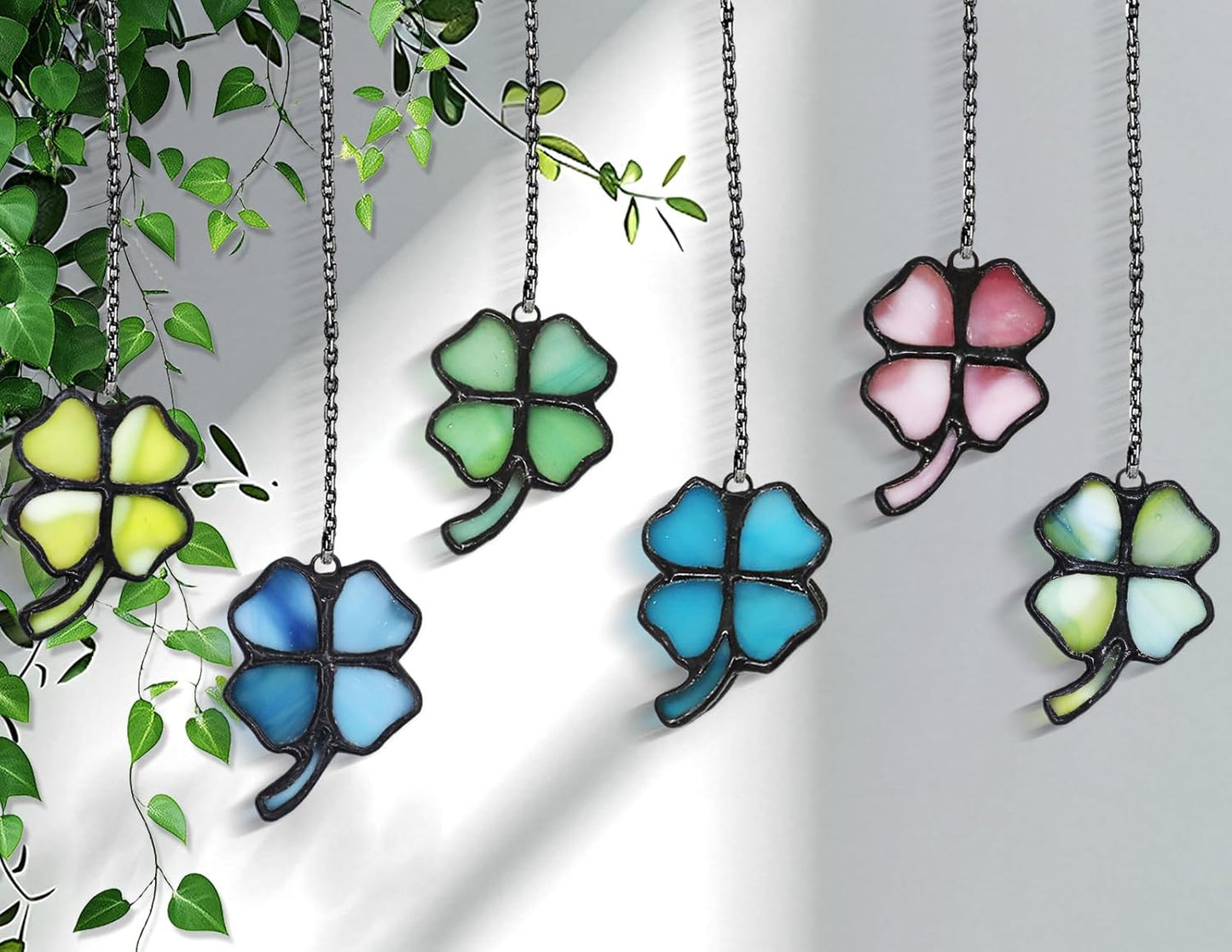 12 Four-Leaf Clover Sets – Transparent Pink Hand-Cut Stained Glass Mosaic Tiles – Heart-Shaped Pieces for Petals & Leaves in DIY Crafts & Art Projects