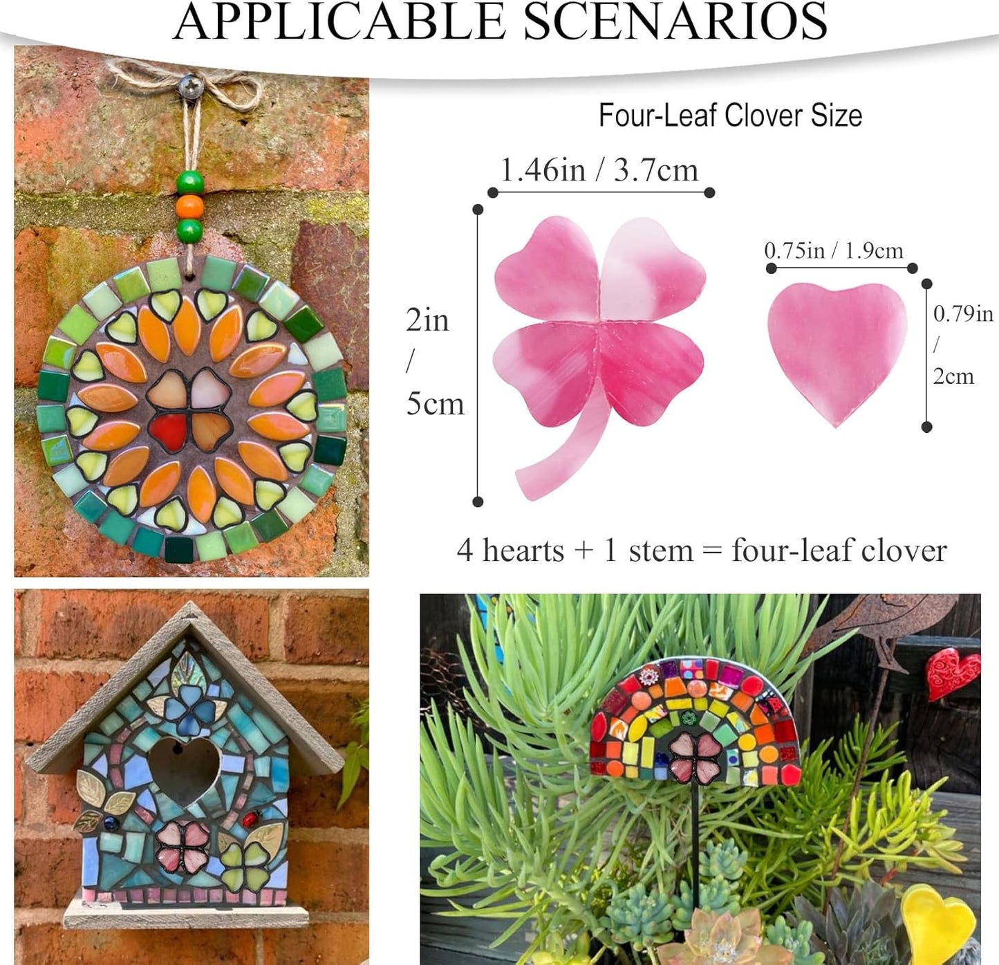 12 Four-Leaf Clover Sets – Transparent Pink Hand-Cut Stained Glass Mosaic Tiles – Heart-Shaped Pieces for Petals & Leaves in DIY Crafts & Art Projects