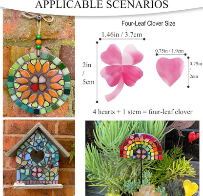 12 Four-Leaf Clover Sets – Transparent Pink Hand-Cut Stained Glass Mosaic Tiles – Heart-Shaped Pieces for Petals & Leaves in DIY Crafts & Art Projects