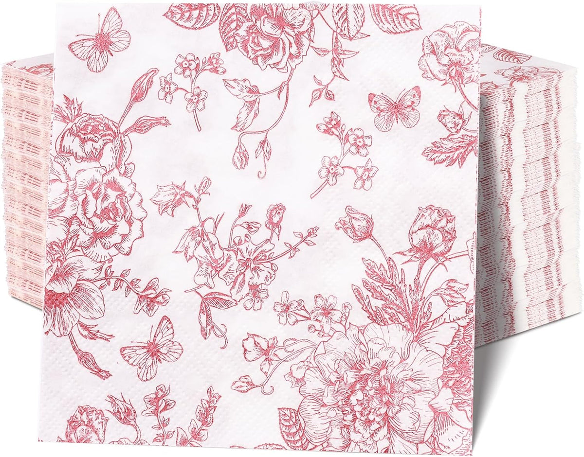 100Pcs Pink Floral Napkins Beverage Cocktail Napkin Disposable Paper Dessert Dinner Napkin Fancy Decorative Hydrangea Flower Guest Hand Towel for Wedding Bridal Baby Shower Birthday Party