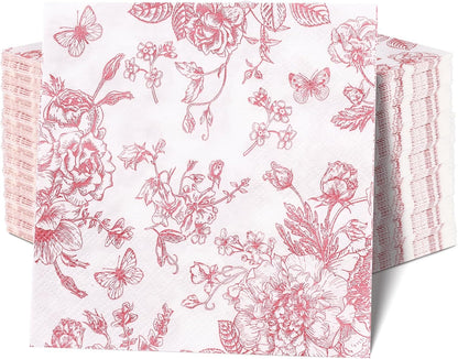 100Pcs Pink Floral Napkins Beverage Cocktail Napkin Disposable Paper Dessert Dinner Napkin Fancy Decorative Hydrangea Flower Guest Hand Towel for Wedding Bridal Baby Shower Birthday Party