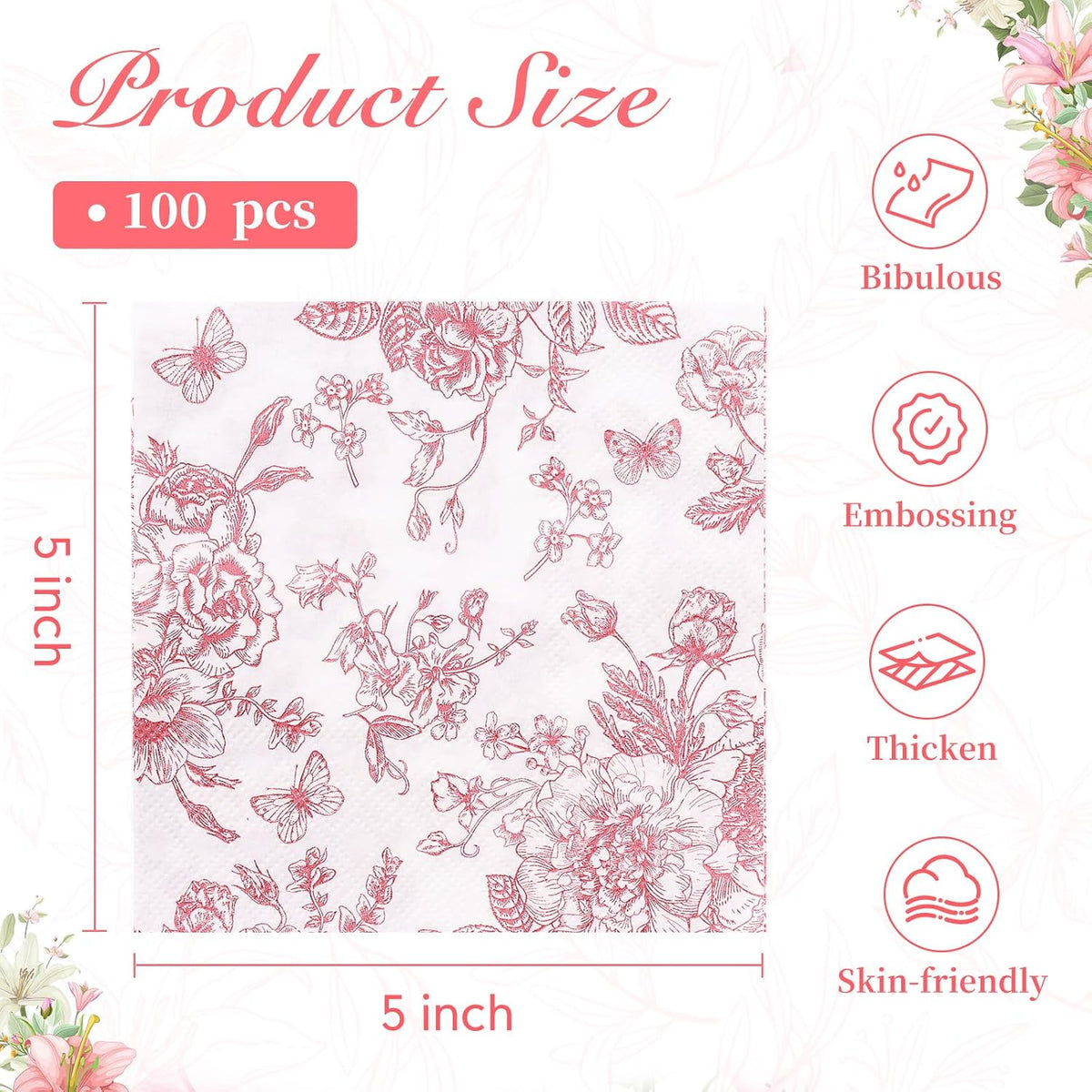 100Pcs Pink Floral Napkins Beverage Cocktail Napkin Disposable Paper Dessert Dinner Napkin Fancy Decorative Hydrangea Flower Guest Hand Towel for Wedding Bridal Baby Shower Birthday Party