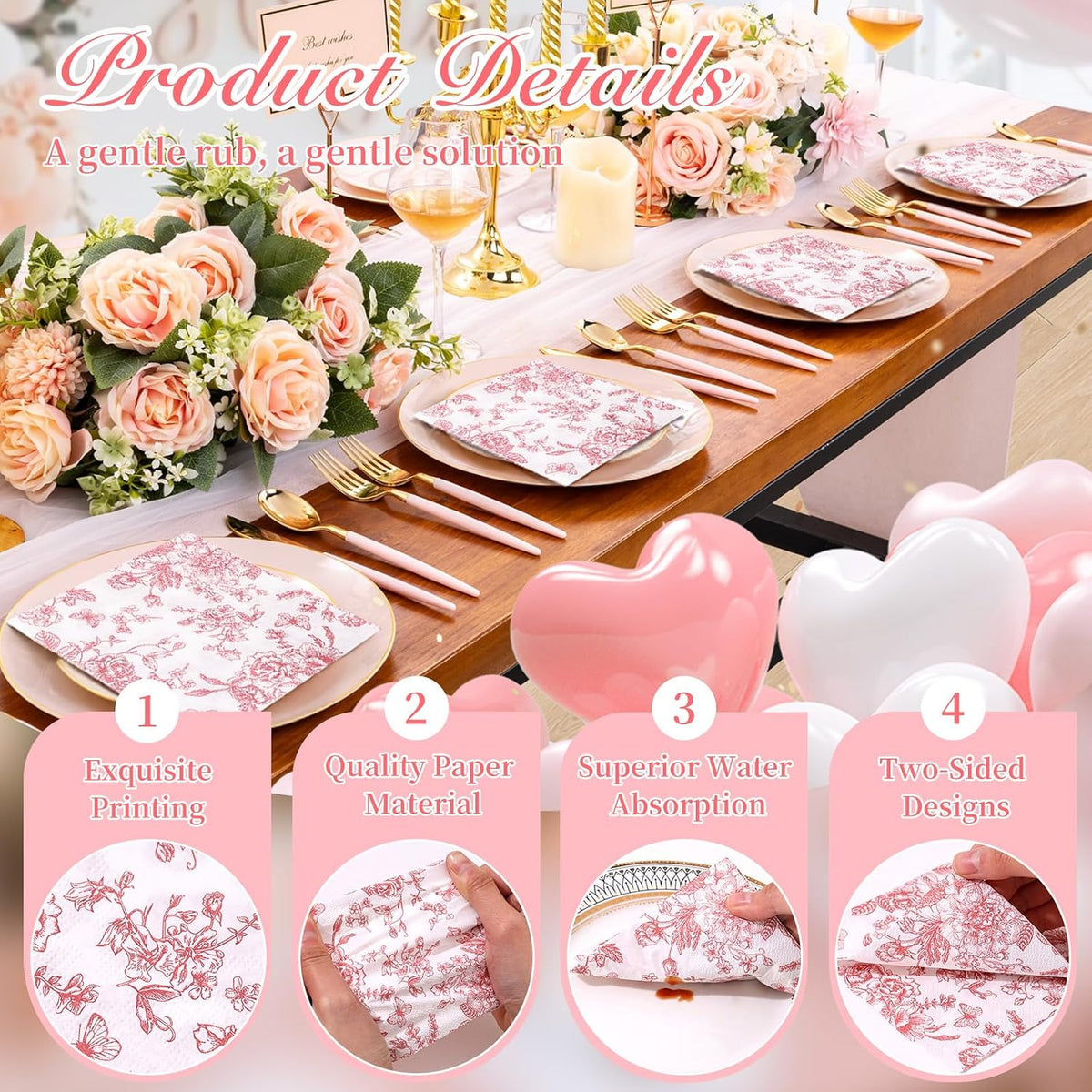100Pcs Pink Floral Napkins Beverage Cocktail Napkin Disposable Paper Dessert Dinner Napkin Fancy Decorative Hydrangea Flower Guest Hand Towel for Wedding Bridal Baby Shower Birthday Party