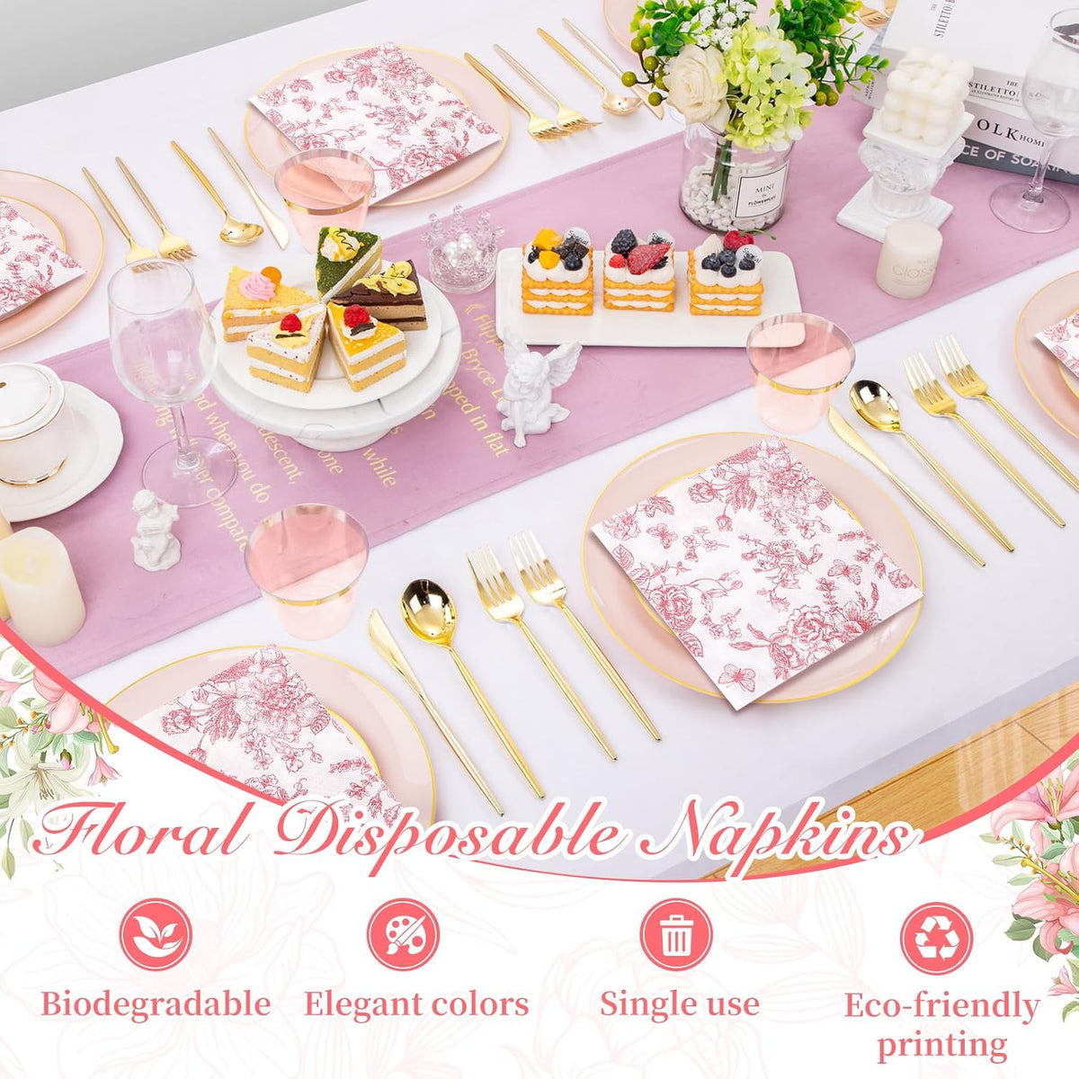 100Pcs Pink Floral Napkins Beverage Cocktail Napkin Disposable Paper Dessert Dinner Napkin Fancy Decorative Hydrangea Flower Guest Hand Towel for Wedding Bridal Baby Shower Birthday Party