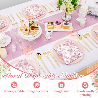 100Pcs Pink Floral Napkins Beverage Cocktail Napkin Disposable Paper Dessert Dinner Napkin Fancy Decorative Hydrangea Flower Guest Hand Towel for Wedding Bridal Baby Shower Birthday Party