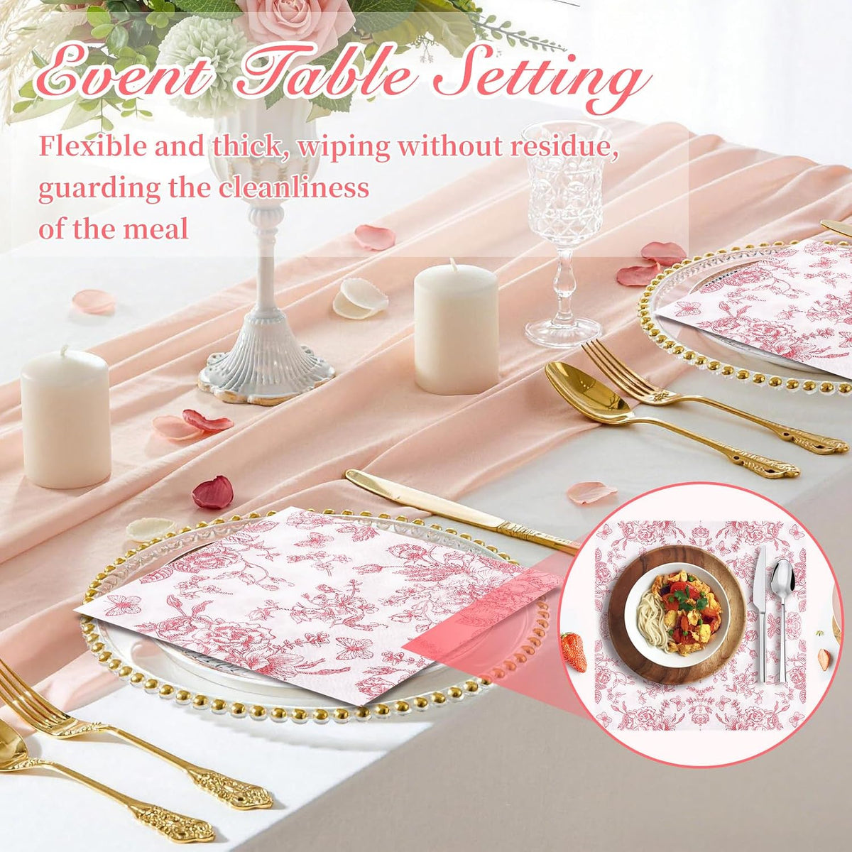 100Pcs Pink Floral Napkins Beverage Cocktail Napkin Disposable Paper Dessert Dinner Napkin Fancy Decorative Hydrangea Flower Guest Hand Towel for Wedding Bridal Baby Shower Birthday Party