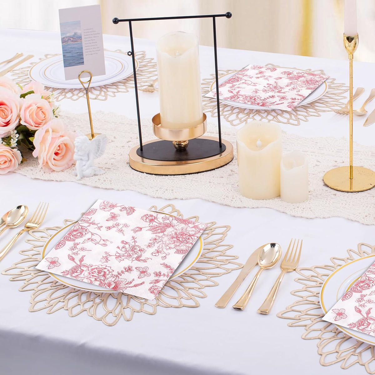100Pcs Pink Floral Napkins Beverage Cocktail Napkin Disposable Paper Dessert Dinner Napkin Fancy Decorative Hydrangea Flower Guest Hand Towel for Wedding Bridal Baby Shower Birthday Party