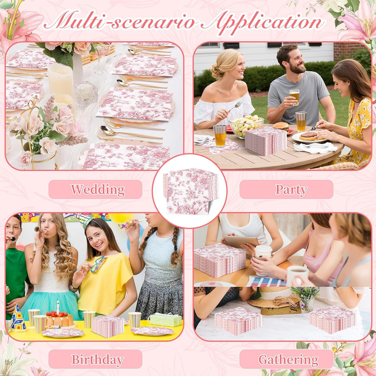 100Pcs Pink Floral Napkins Beverage Cocktail Napkin Disposable Paper Dessert Dinner Napkin Fancy Decorative Hydrangea Flower Guest Hand Towel for Wedding Bridal Baby Shower Birthday Party