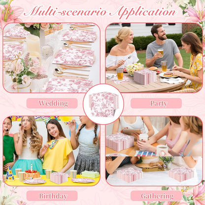 100Pcs Pink Floral Napkins Beverage Cocktail Napkin Disposable Paper Dessert Dinner Napkin Fancy Decorative Hydrangea Flower Guest Hand Towel for Wedding Bridal Baby Shower Birthday Party