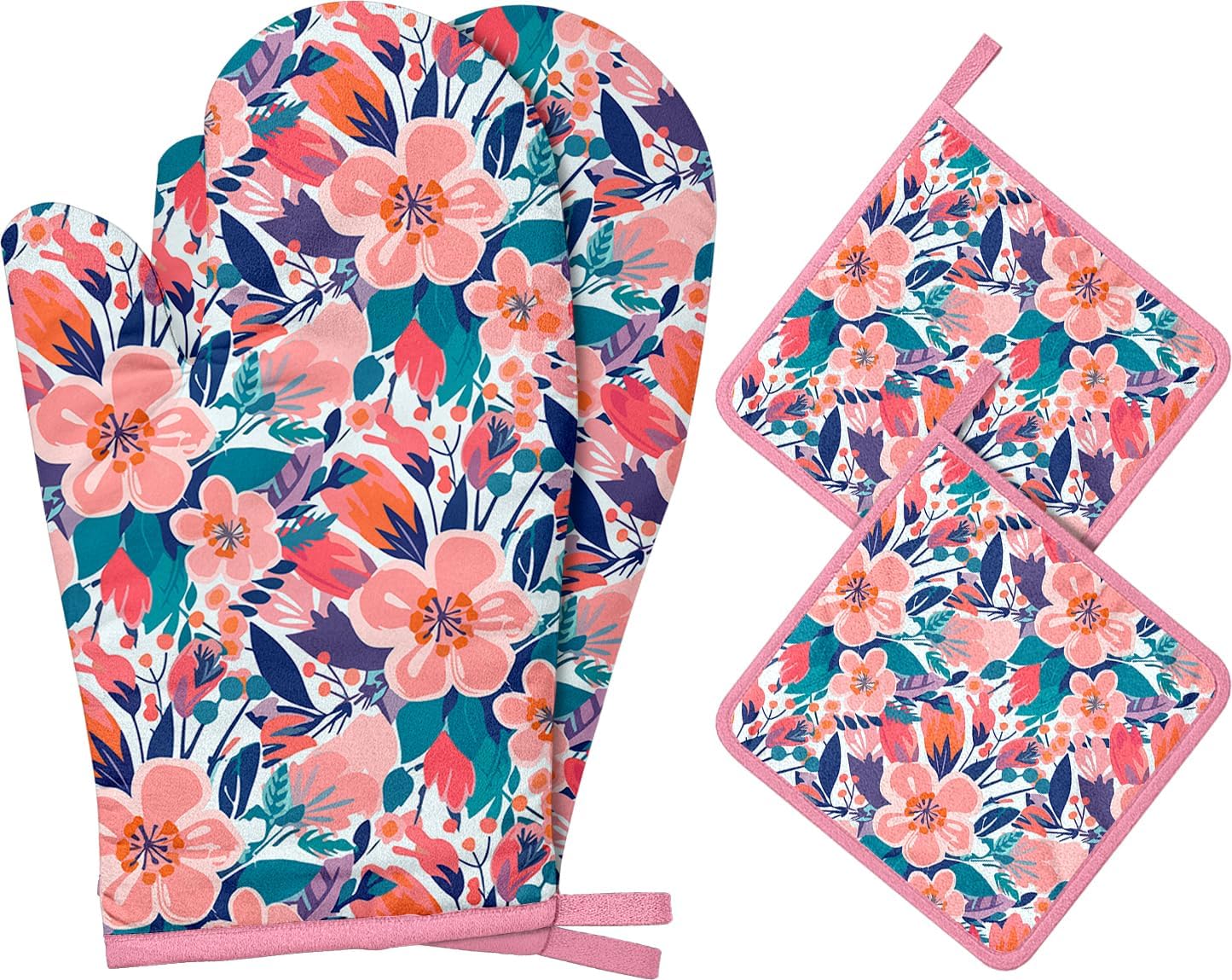 Pink Flowers Oven Mitts and Pot Holders Sets, Heat Resistant Kitchen Gloves Hot Pads