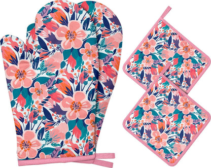 Pink Flowers Oven Mitts and Pot Holders Sets, Heat Resistant Kitchen Gloves Hot Pads