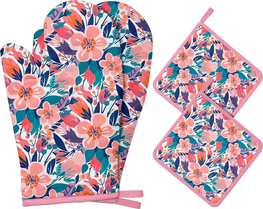 Pink Flowers Oven Mitts and Pot Holders Sets, Heat Resistant Kitchen Gloves Hot Pads