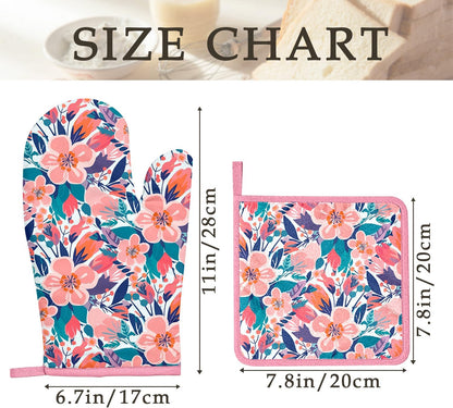 Pink Flowers Oven Mitts and Pot Holders Sets, Heat Resistant Kitchen Gloves Hot Pads