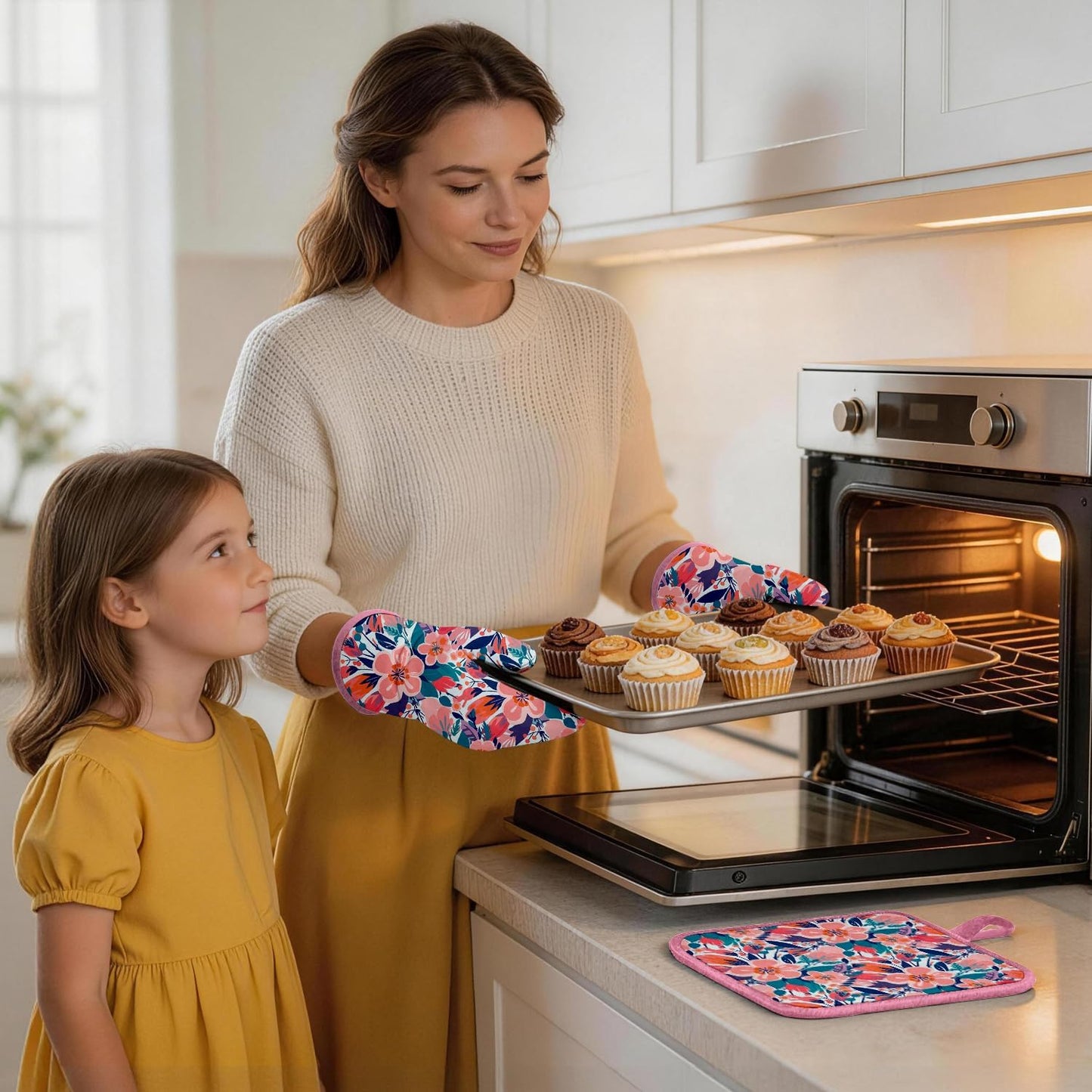 Pink Flowers Oven Mitts and Pot Holders Sets, Heat Resistant Kitchen Gloves Hot Pads