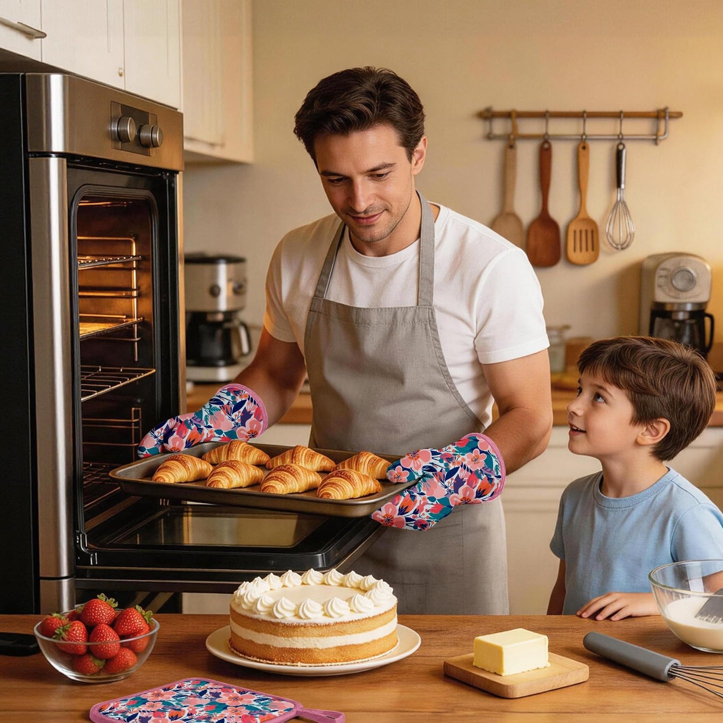 Pink Flowers Oven Mitts and Pot Holders Sets, Heat Resistant Kitchen Gloves Hot Pads