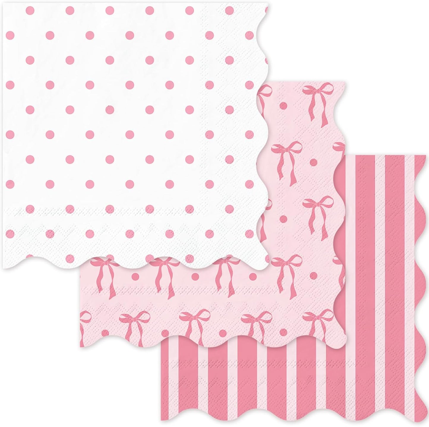 FYSUIMU 75 Pcs Pink Bow Scalloped Paper Napkins Coquette Bow Striped Dots Disposable Napkins Preppy Trendy Cocktail Beverage Napkin for Birthday Baby Shower Party Table Supplies