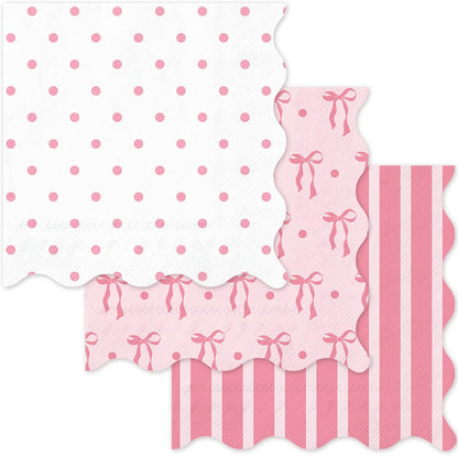FYSUIMU 75 Pcs Pink Bow Scalloped Paper Napkins Coquette Bow Striped Dots Disposable Napkins Preppy Trendy Cocktail Beverage Napkin for Birthday Baby Shower Party Table Supplies