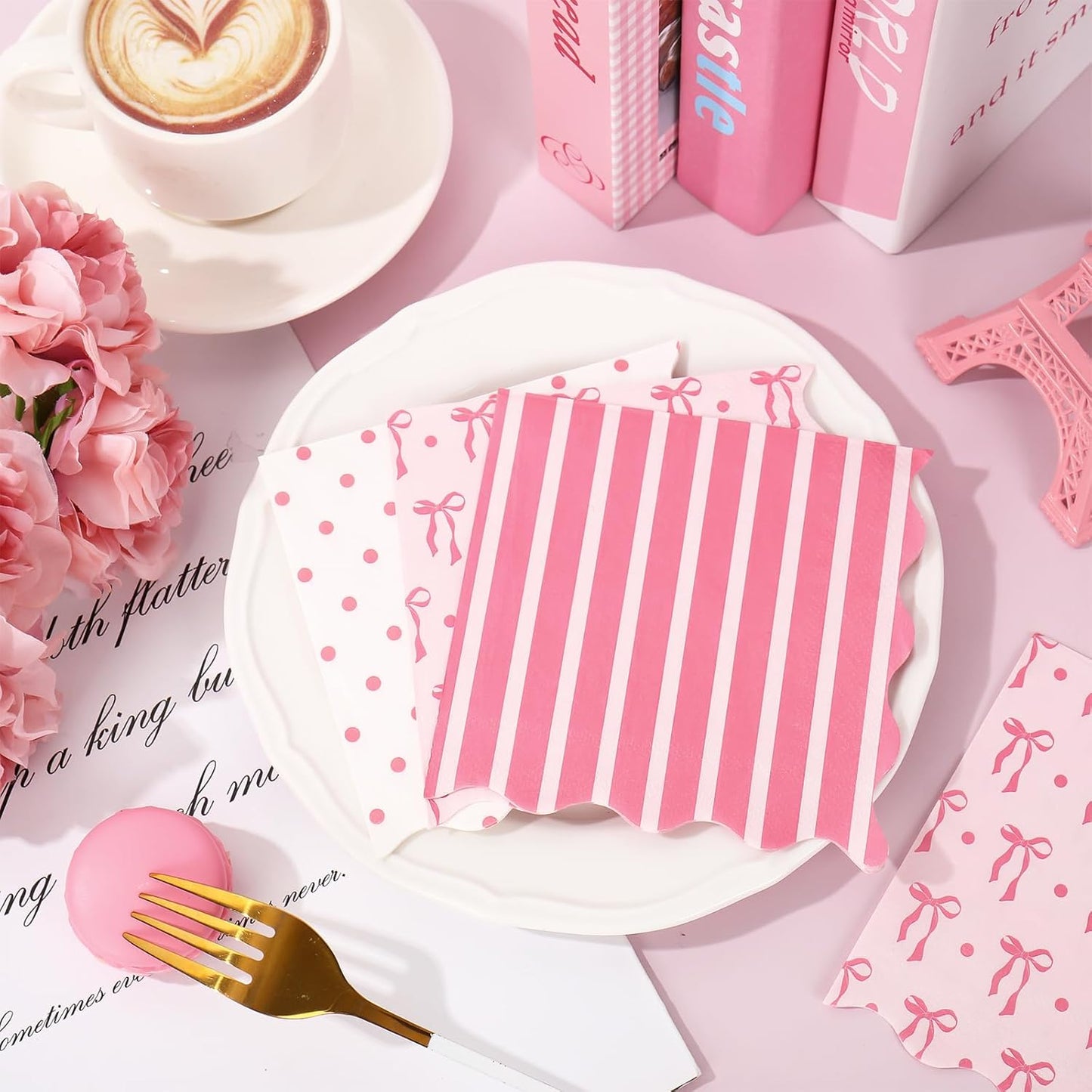 FYSUIMU 75 Pcs Pink Bow Scalloped Paper Napkins Coquette Bow Striped Dots Disposable Napkins Preppy Trendy Cocktail Beverage Napkin for Birthday Baby Shower Party Table Supplies