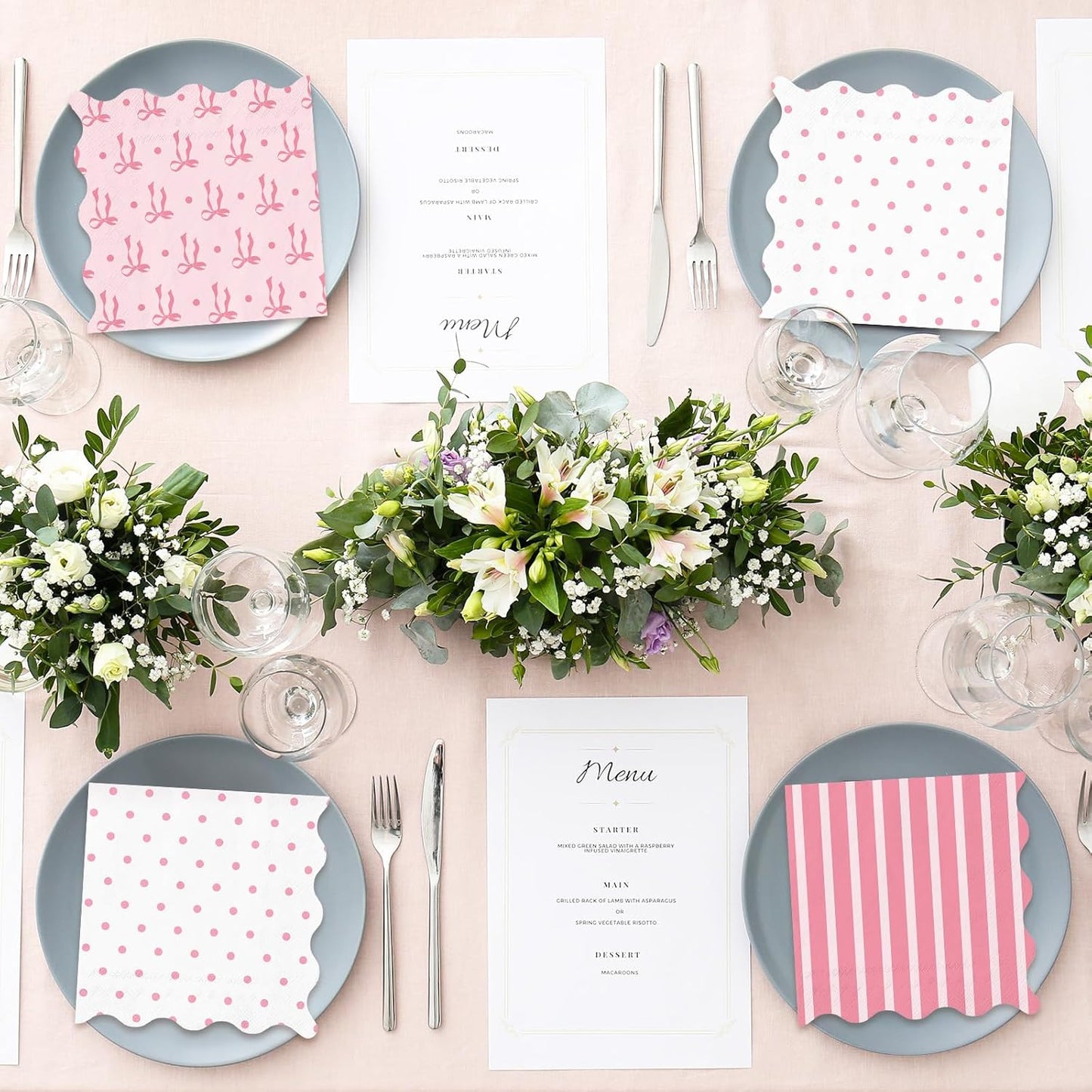 FYSUIMU 75 Pcs Pink Bow Scalloped Paper Napkins Coquette Bow Striped Dots Disposable Napkins Preppy Trendy Cocktail Beverage Napkin for Birthday Baby Shower Party Table Supplies