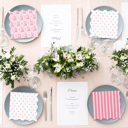 FYSUIMU 75 Pcs Pink Bow Scalloped Paper Napkins Coquette Bow Striped Dots Disposable Napkins Preppy Trendy Cocktail Beverage Napkin for Birthday Baby Shower Party Table Supplies