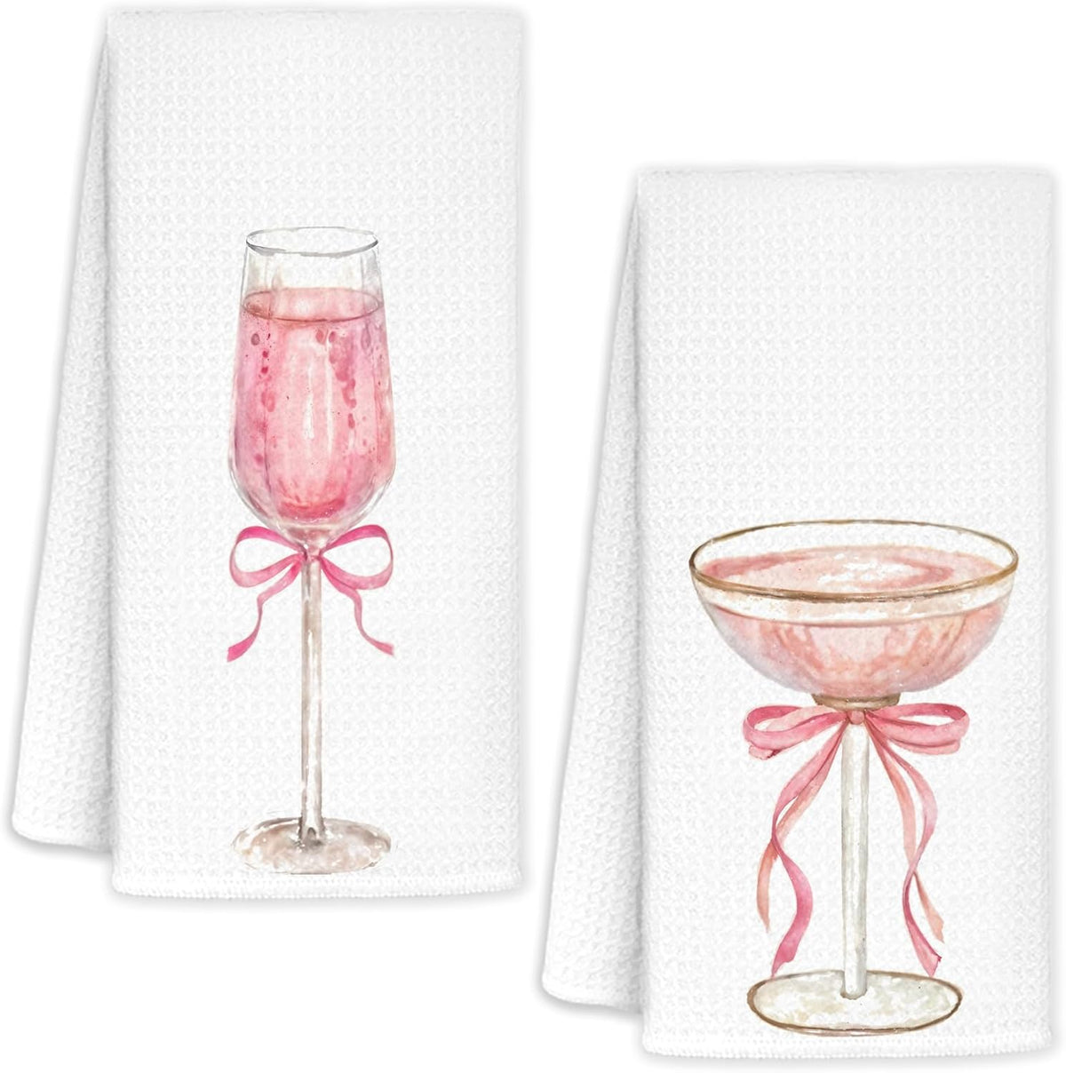 Pink Bow Champagne Kitchen Towels, Coquette Pink Kitchen Decor, Alcohol Gifts Hand Towels for Kitchen Bar Decor, 16x24 Inch Set of 2