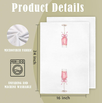 Pink Bow Champagne Kitchen Towels, Coquette Pink Kitchen Decor, Alcohol Gifts Hand Towels for Kitchen Bar Decor, 16x24 Inch Set of 2