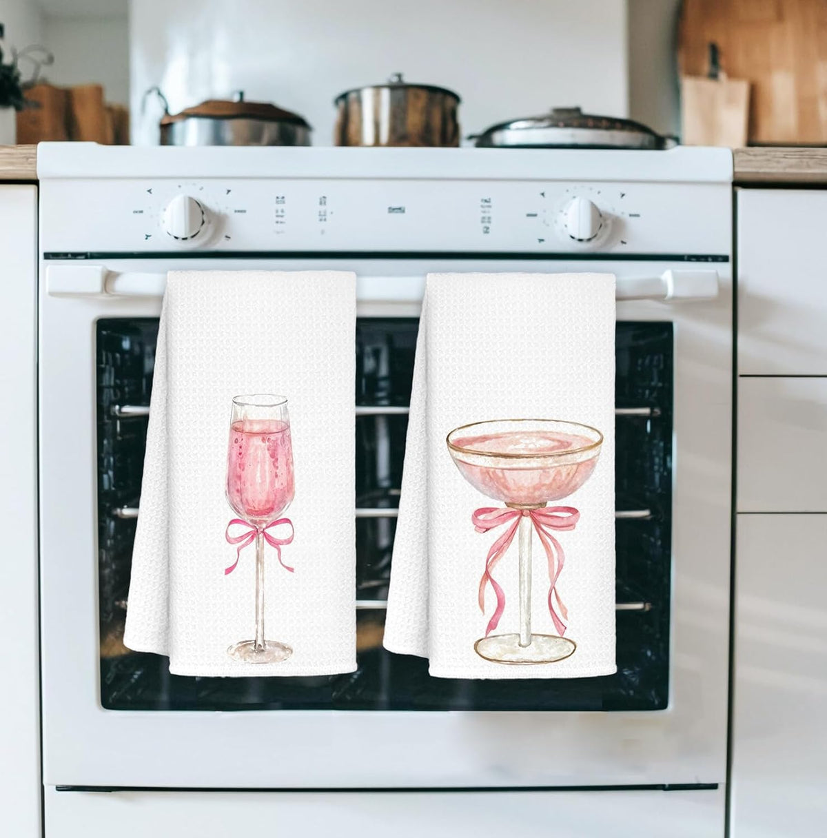 Pink Bow Champagne Kitchen Towels, Coquette Pink Kitchen Decor, Alcohol Gifts Hand Towels for Kitchen Bar Decor, 16x24 Inch Set of 2