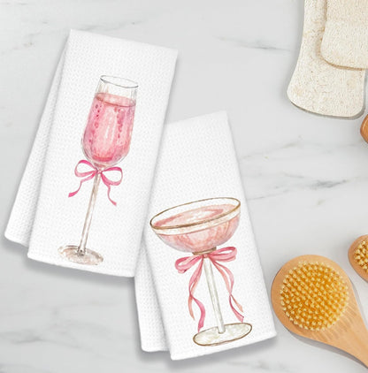 Pink Bow Champagne Kitchen Towels, Coquette Pink Kitchen Decor, Alcohol Gifts Hand Towels for Kitchen Bar Decor, 16x24 Inch Set of 2