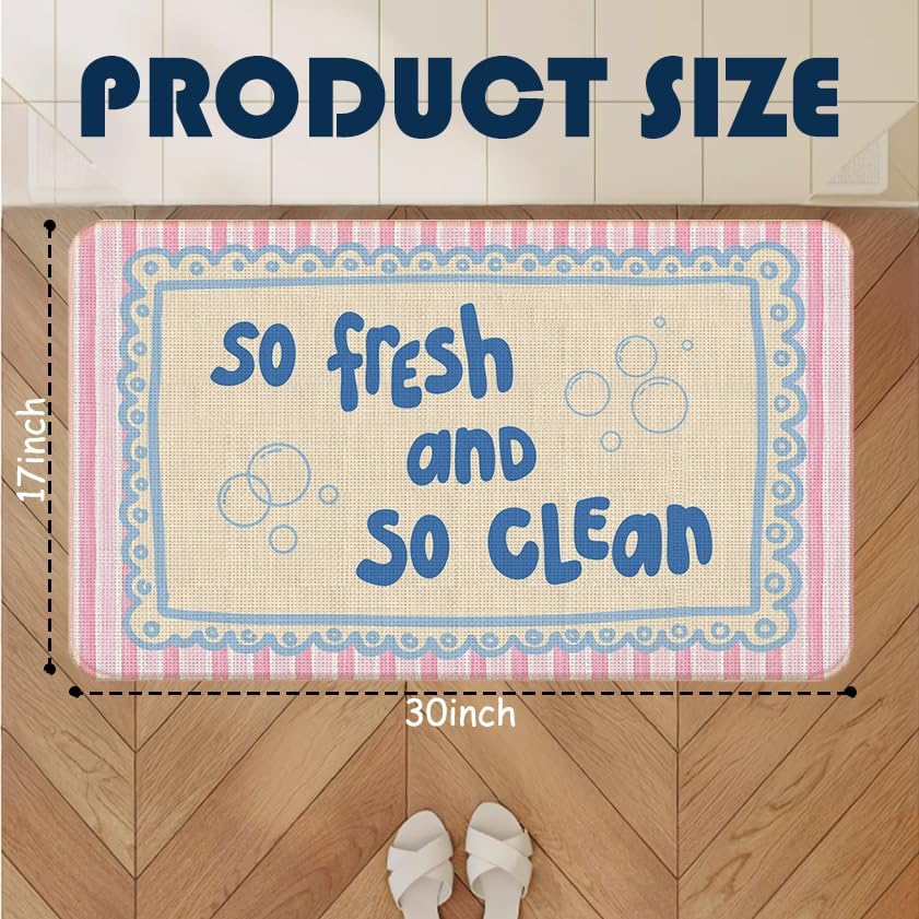 Chicimln Preppy Bathroom Decor Mat, Pink and Blue Striped Non-Slip Linen Doormat Outdoor Indoor Entrance, So Fresh and So Clean Welcome Mats Rugs for Girls Bathroom Washroom, 17x30 Inch