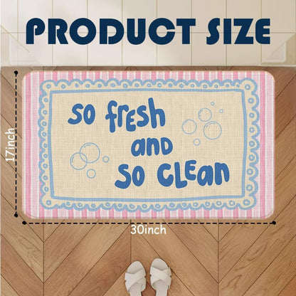 Chicimln Preppy Bathroom Decor Mat, Pink and Blue Striped Non-Slip Linen Doormat Outdoor Indoor Entrance, So Fresh and So Clean Welcome Mats Rugs for Girls Bathroom Washroom, 17x30 Inch