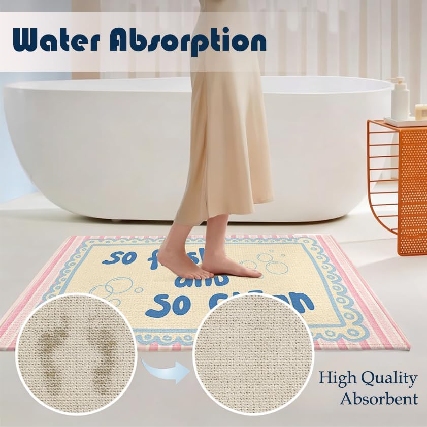 Chicimln Preppy Bathroom Decor Mat, Pink and Blue Striped Non-Slip Linen Doormat Outdoor Indoor Entrance, So Fresh and So Clean Welcome Mats Rugs for Girls Bathroom Washroom, 17x30 Inch