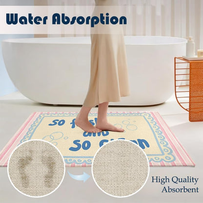Chicimln Preppy Bathroom Decor Mat, Pink and Blue Striped Non-Slip Linen Doormat Outdoor Indoor Entrance, So Fresh and So Clean Welcome Mats Rugs for Girls Bathroom Washroom, 17x30 Inch