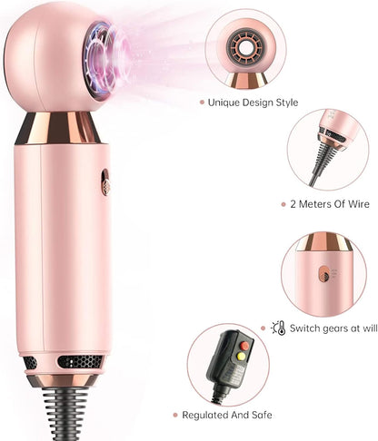 Professional Hair Dryer 800 W Lightweight & Compact Blow Dryer Powerful Flow Hair Dryers for Travel and Home Concentrator Nozzle Pink