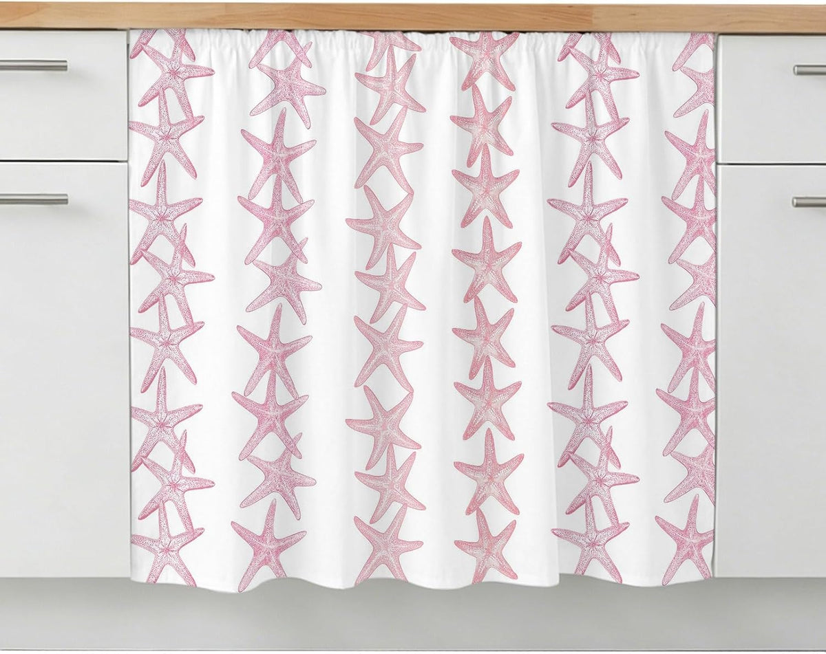 Light Pink Starfish Coastal Small Sink Skirt, Bathroom Vanity Cabinet Adhesive Curtain, Nautical Summer Ocean Modern Utility Under Sink Cover Decorative Kitchen Cabinet Curtains 10"x11"