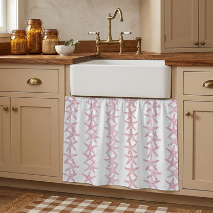 Light Pink Starfish Coastal Small Sink Skirt, Bathroom Vanity Cabinet Adhesive Curtain, Nautical Summer Ocean Modern Utility Under Sink Cover Decorative Kitchen Cabinet Curtains 10"x11"