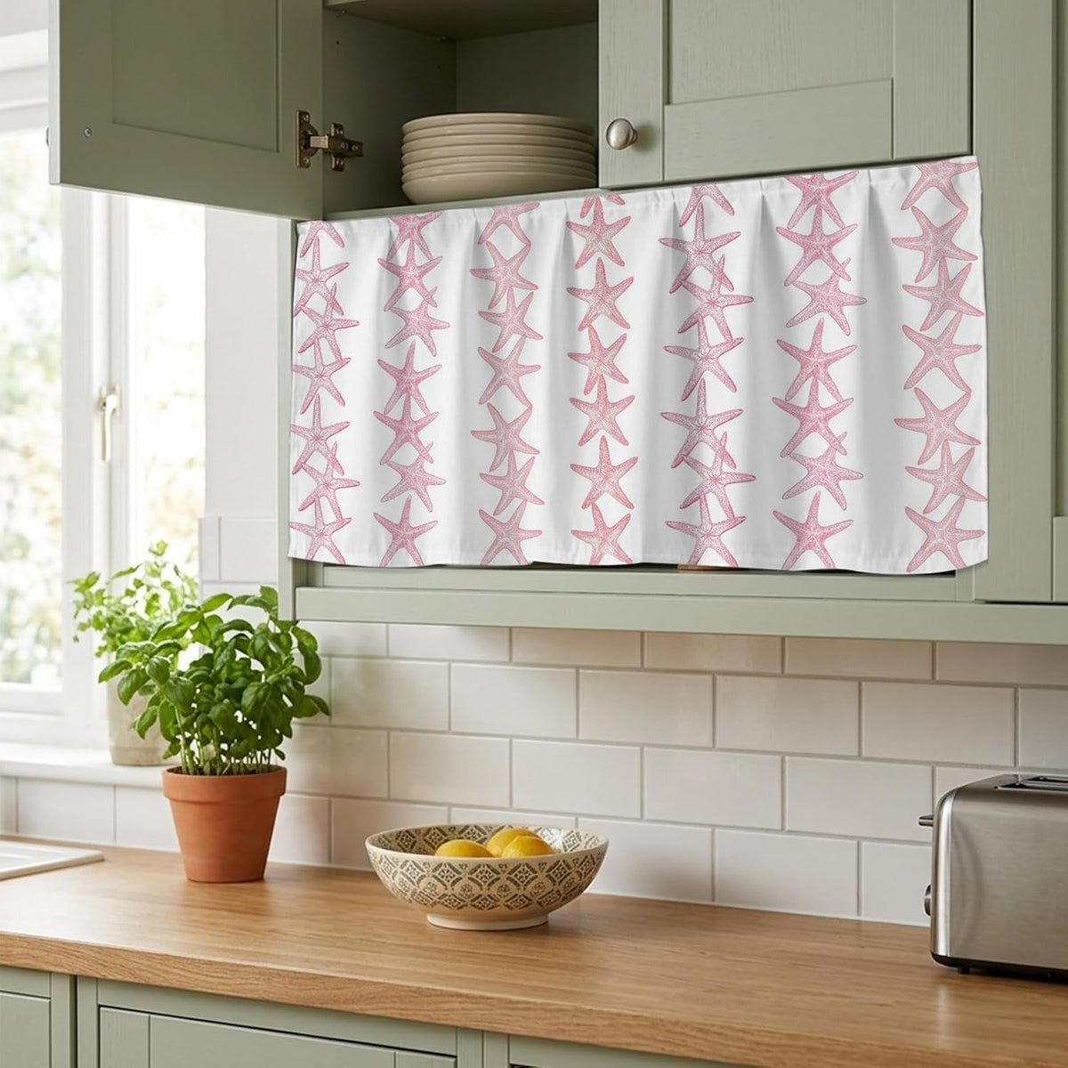 Light Pink Starfish Coastal Small Sink Skirt, Bathroom Vanity Cabinet Adhesive Curtain, Nautical Summer Ocean Modern Utility Under Sink Cover Decorative Kitchen Cabinet Curtains 10"x11"