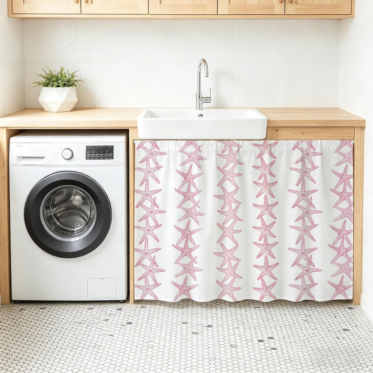 Light Pink Starfish Coastal Small Sink Skirt, Bathroom Vanity Cabinet Adhesive Curtain, Nautical Summer Ocean Modern Utility Under Sink Cover Decorative Kitchen Cabinet Curtains 10"x11"
