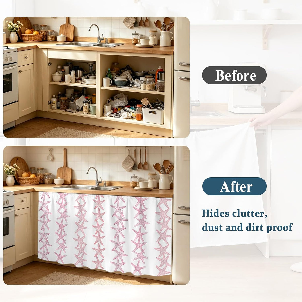 Light Pink Starfish Coastal Small Sink Skirt, Bathroom Vanity Cabinet Adhesive Curtain, Nautical Summer Ocean Modern Utility Under Sink Cover Decorative Kitchen Cabinet Curtains 10"x11"