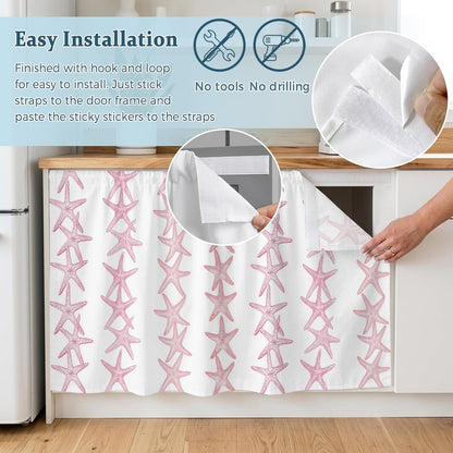 Light Pink Starfish Coastal Small Sink Skirt, Bathroom Vanity Cabinet Adhesive Curtain, Nautical Summer Ocean Modern Utility Under Sink Cover Decorative Kitchen Cabinet Curtains 10"x11"