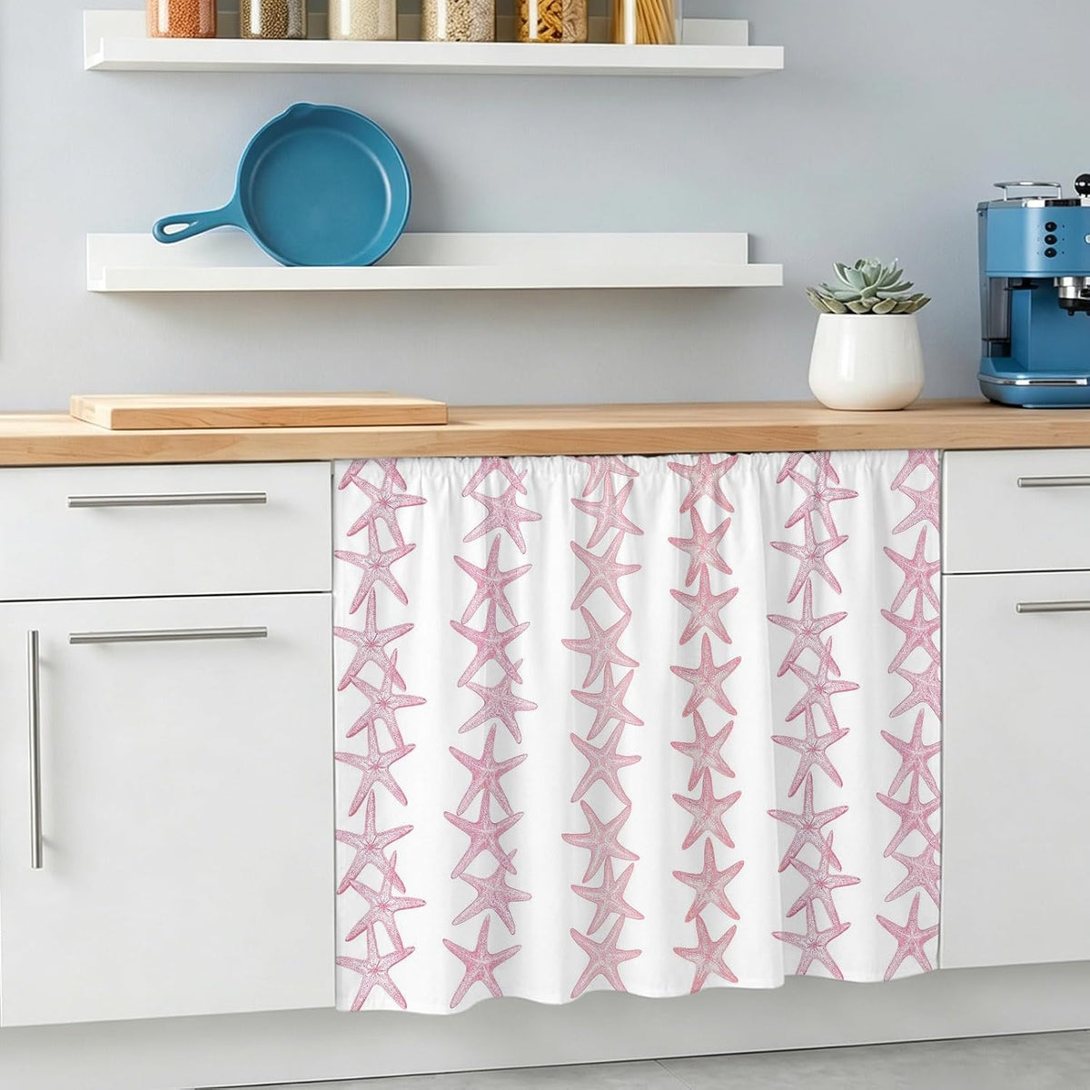 Light Pink Starfish Coastal Small Sink Skirt, Bathroom Vanity Cabinet Adhesive Curtain, Nautical Summer Ocean Modern Utility Under Sink Cover Decorative Kitchen Cabinet Curtains 10"x11"