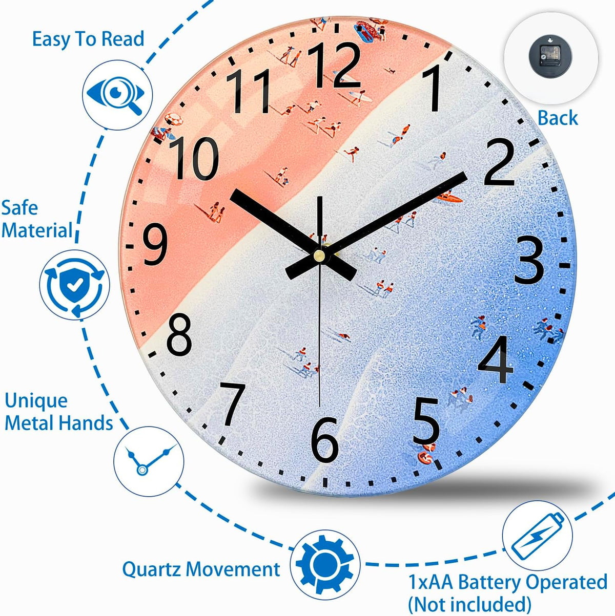 Pink Beach Wall Clocks, 8 Inch Glass Silent Battery Operated Clock