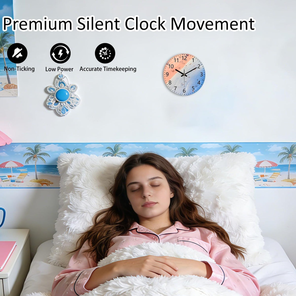 Pink Beach Wall Clocks, 8 Inch Glass Silent Battery Operated Clock