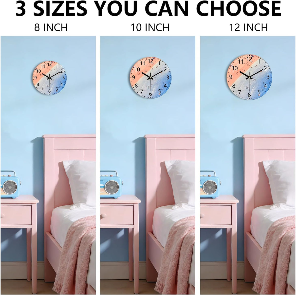 Pink Beach Wall Clocks, 8 Inch Glass Silent Battery Operated Clock